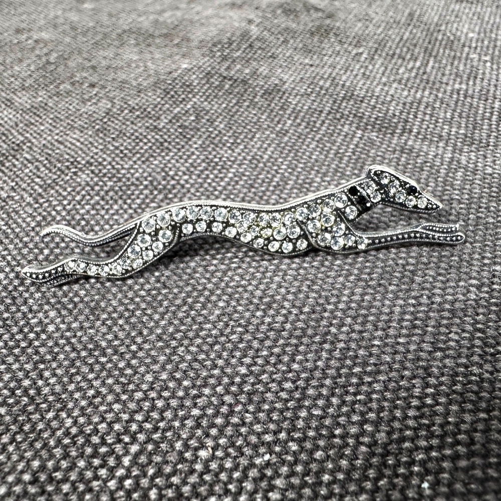 Vintage Greyhound Brooch Silver Tone Rhinestones Black Eyes Collar Sparkly Pin